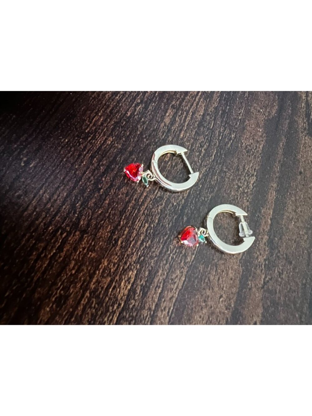 Gold Huggie Hoop Earrings With Red & Green Strawberry -like Crystal Charms 1-Inc